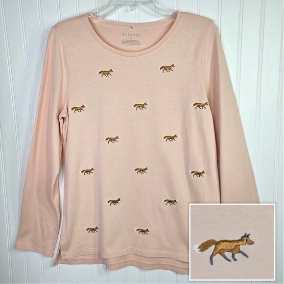 Talbots Tops - Talbots Shirt Womens Medium Pink Fox Embroidered Graphic Cotton Top Fox Hunt